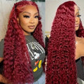 34 Inch Burgundy Wig Human Hair 99J Burgundy 13x4 Deep Wave Lace Front Wigs Human Hair Pre Plucked 250 Density HD Transparent Lace Frontal Wigs Red Colored Human Hair Wigs For Women