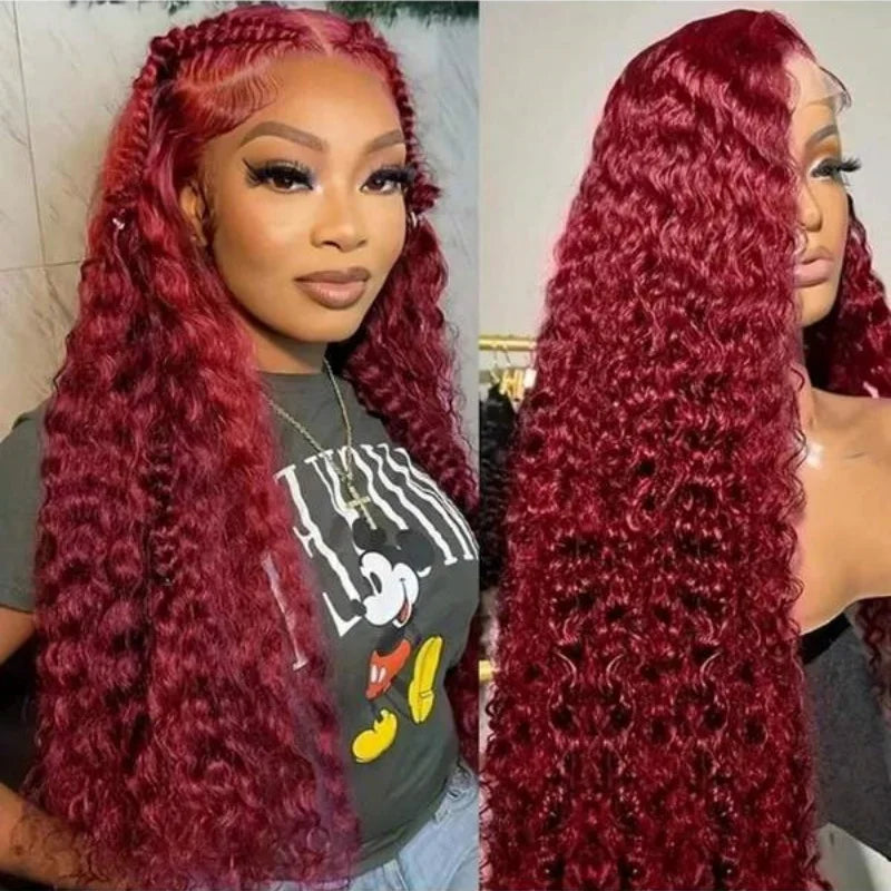 34 Inch Burgundy Wig Human Hair 99J Burgundy 13x4 Deep Wave Lace Front Wigs Human Hair Pre Plucked 250 Density HD Transparent Lace Frontal Wigs Red Colored Human Hair Wigs For Women
