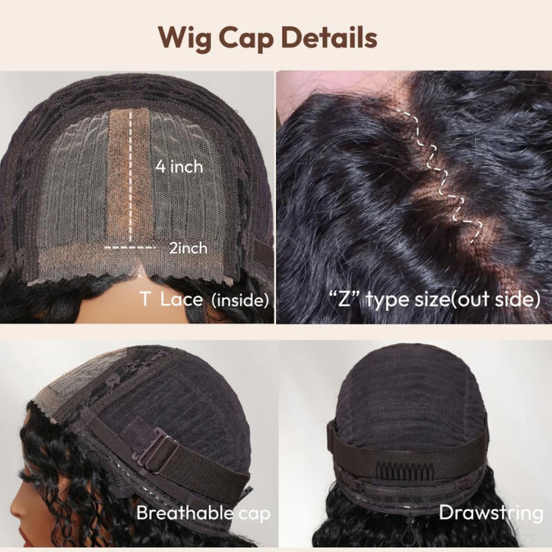 UNice Pre Cut Pre Bleached Boho Curly Wig With Bangs Natural Black 4x2 Lace T Part 100% Human Hair Glueless Drawstring Wig