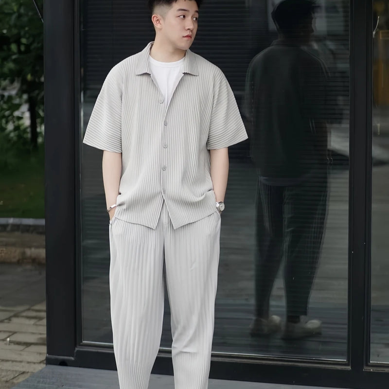 Miyake Pleated Short Sleeve Shirt Casual Solid Color | SAMAG