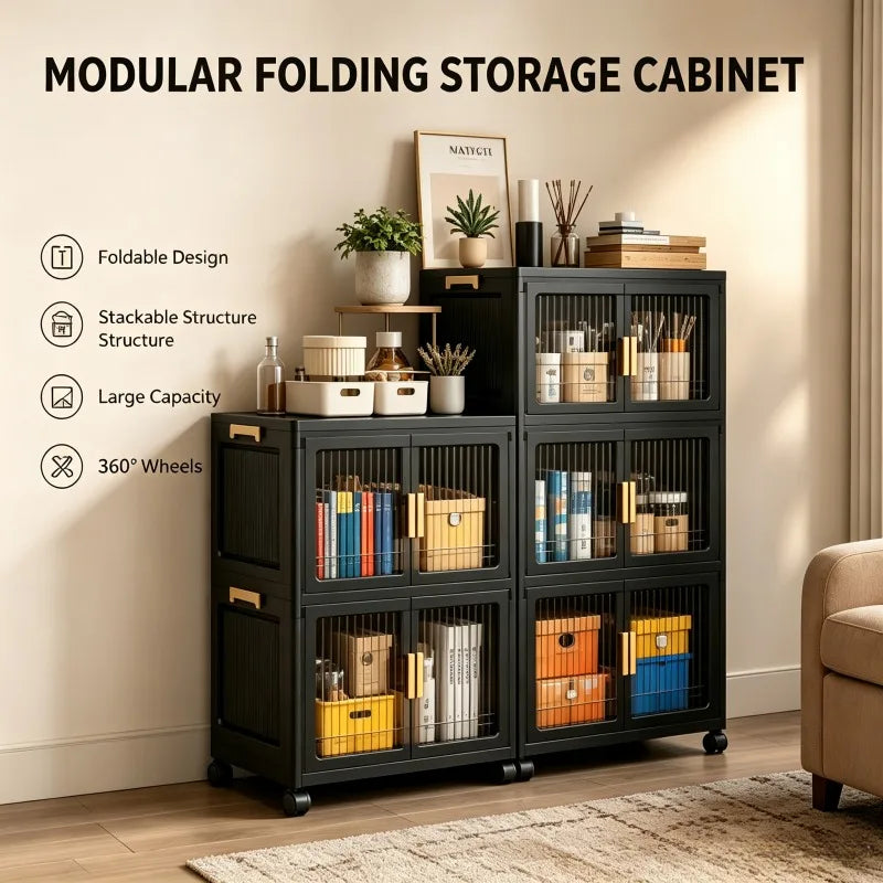 2/3/4/5-tier modular foldable stackable storage cabinets, no-assembly foldable storage boxes with vertical transparent double doors and gold handles, 360° swivel casters, perfect for office, living room, studio, classroom, g