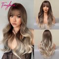 TINY LANA Natural Black Long Wavy Synthetic Wig with Bangs for Women Body Wave Dark Brown Wigs Cosplay Daily Hair Heat Resistant