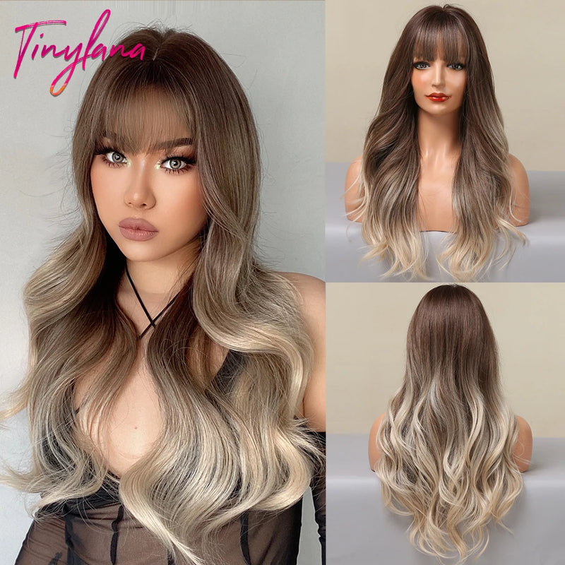 TINY LANA Natural Black Long Wavy Synthetic Wig with Bangs for Women Body Wave Dark Brown Wigs Cosplay Daily Hair Heat Resistant