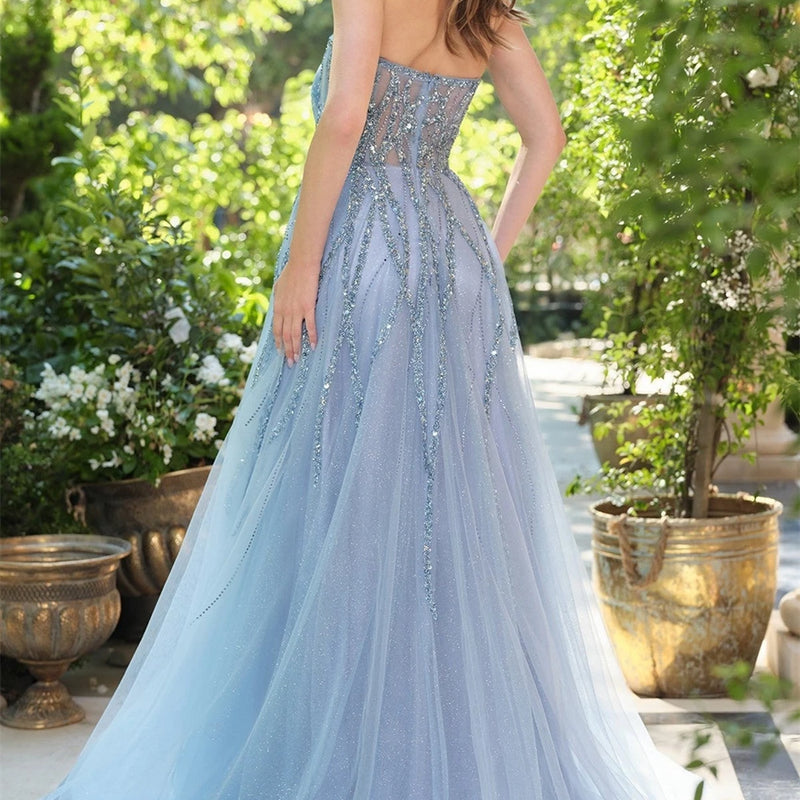 Sansa Customized Shiny Sequins A-line Baby Blue Strapless | SAMAG