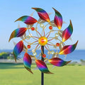 Outdoor double-layer iridescent metal wind spinner with ground stake, for decorating gardens, yards, and lawns, windmill; gift.