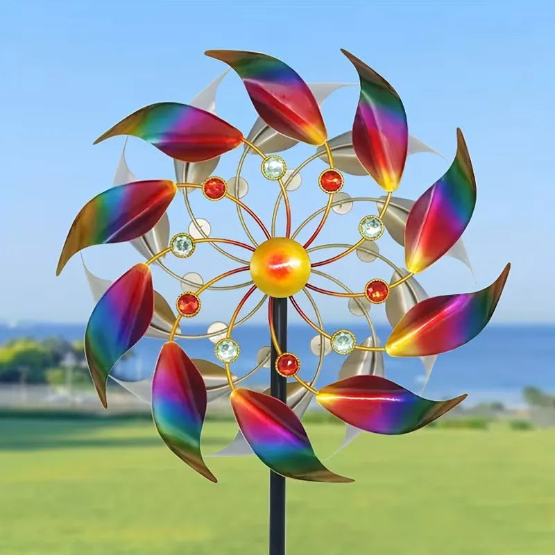 Outdoor double-layer iridescent metal wind spinner with ground stake, for decorating gardens, yards, and lawns, windmill; gift.