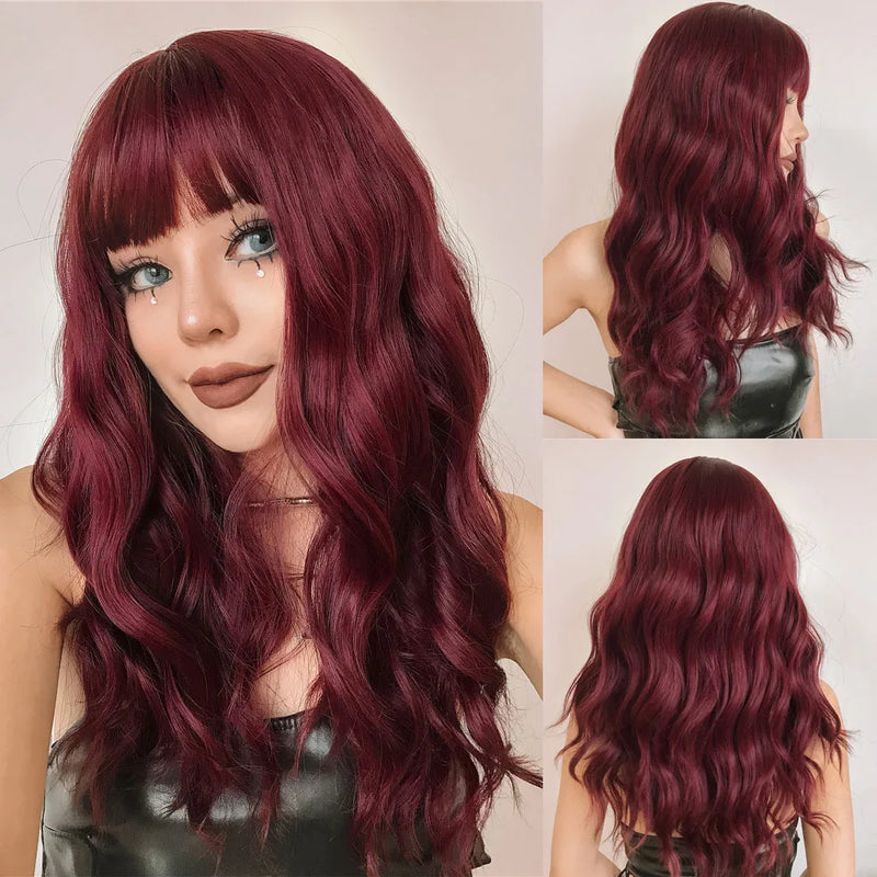 TINY LANA Natural Black Long Wavy Synthetic Wig with Bangs for Women Body Wave Dark Brown Wigs Cosplay Daily Hair Heat Resistant