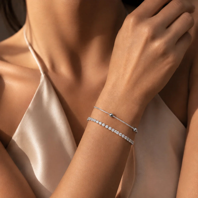 2pcs Stainless Steel Bracelets Set, Minimalist Elegant Bead Round Snake Chain Bracelet, Luxury Zircon Tennis Chain Wristband