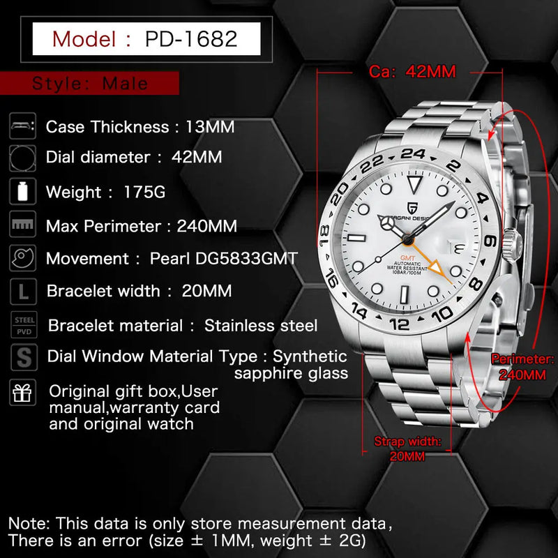 PAGANI DESIGN 2026 New Automatic Machinery Men's Watch GMT DG5833 Stainless Steel Sapphire Crystal 10Bar Waterproof Reloj Hombre