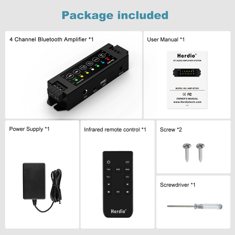 Herdio 4-Channel Bluetooth Audio Amplifier with Remote Control for Bathroom Wall/Ceiling Speakers  EU/US/UK/AU Compatible