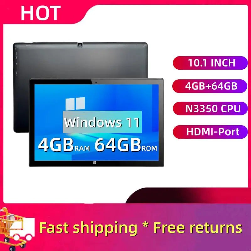 Windows 11 Tablet 10.1 INCH 4GB RAM 64GB ROM 64bit Intel Atom N3350 Quad Core Dual Cameras 1920 X 1200 IPS Type-C USB 3.0 Port