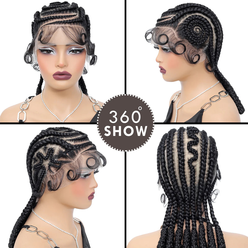 16Inch Synthetic 100% Hand-tied Full Lace Cornrow Braided Wigs Lace Braiding Wigs with Baby Hair for Black Women