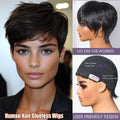Human Hair Glueless Wigs Pixie Cut Short Wigs with Bangs Ultra Soft&Comfortable Cotton Cap Hair Trouble Friendly Wigs
