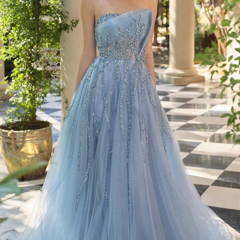 Sansa Customized Shiny Sequins A-line Baby Blue Strapless | SAMAG