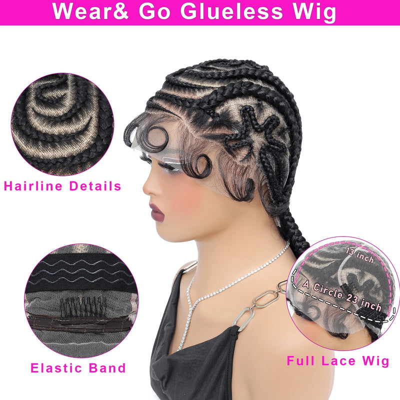 16Inch Synthetic 100% Hand-tied Full Lace Cornrow Braided Wigs Lace Braiding Wigs with Baby Hair for Black Women
