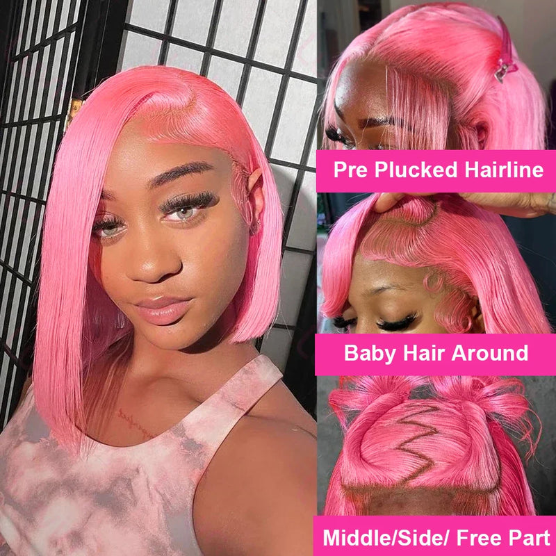 Dark Pink Short Bob Wig Human Hair Straight 13X4 Lace Frontal Wig With Natural Hairline Pre Plucked Short Human Hair Wigs
