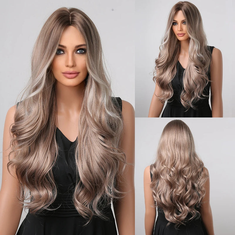 TINY LANA Natural Black Long Wavy Synthetic Wig with Bangs for Women Body Wave Dark Brown Wigs Cosplay Daily Hair Heat Resistant