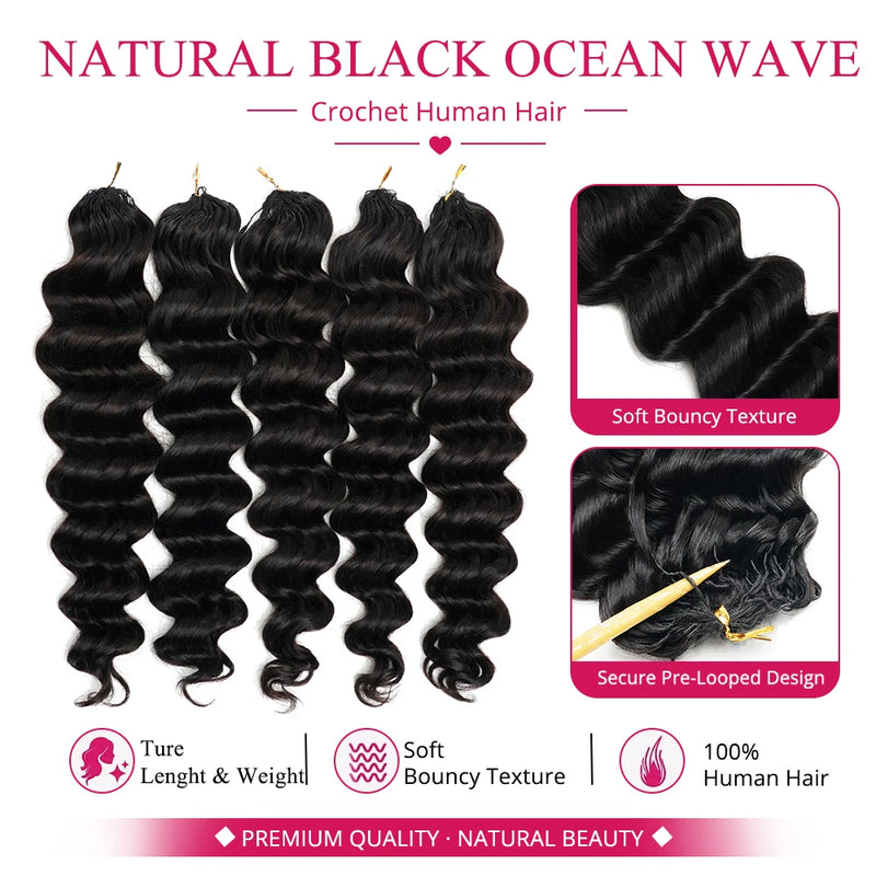 Ocean Wave Crochet Braids Miracle Knots Crochet Human Hair Pre-Separated Invisible Knotless Loose Deep Wave Feather Crochet Human Hair Bundles For Black Women Ocean Wave Humain Crochet Hair 16 To 26 Inch 60g/pcs 240g For A He