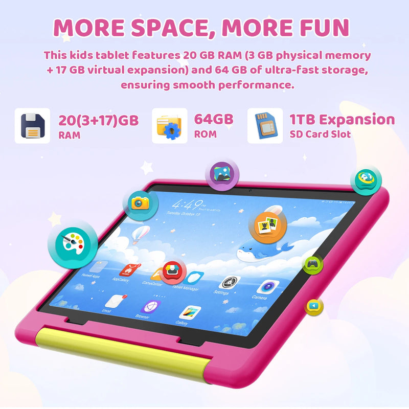 BUFO KT1028 10.1 Inch Kids Tablet A333 Five Core 20GB(3+17G) RAM 64GB ROM Android 16 1280*800 HD LCD Eye Protection Screen 5000mAh Battery Parental Control Dual Camera TF Card Up to 1TB Children Tablet PC