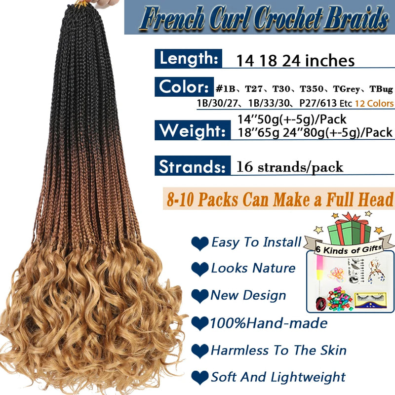 14 18 24 Inch French Curl Crochet Braids 1B 30 27 33 350 613 Bug 12 Colors Ombre Pre Braided Box Braids Crochet French Curl Hair