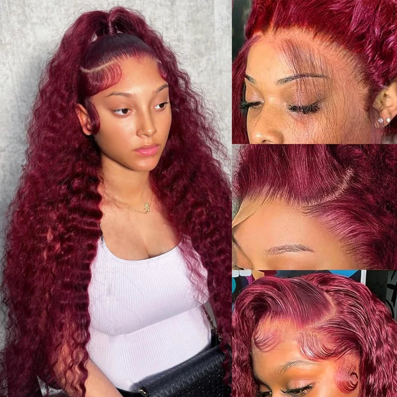 Wholesale Burgundy 30-40 Inch 99J Deep Wave 13x4 Lace Front 13x6 Red Curly Wigs Women High Density Long Length Human Hair Wig