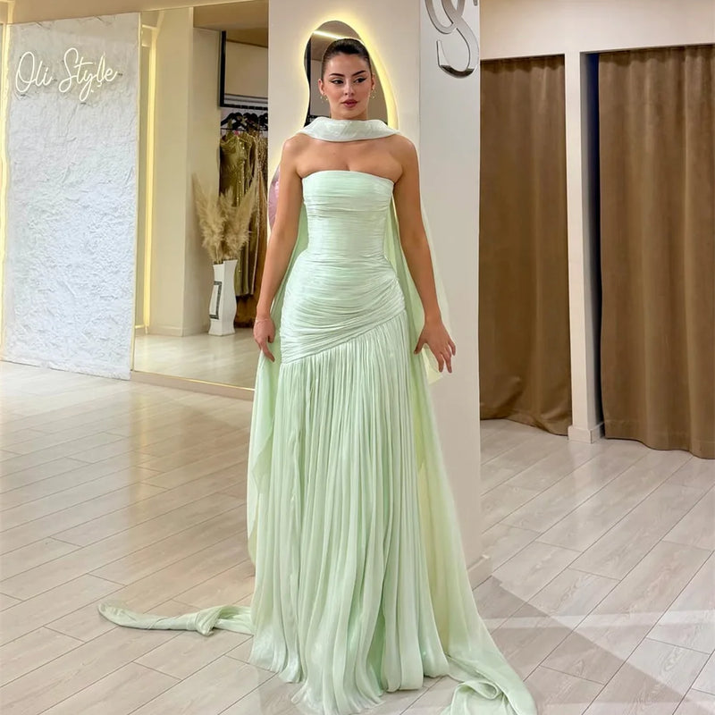 Sansa Customized Light Sage Green Tube Top Pleated Formal | SAMAG