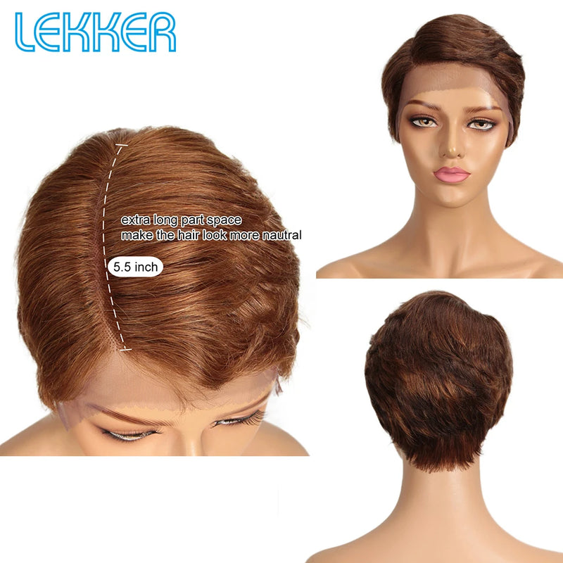 Lekker Black Short Pixie Cut 13X1 C Part Lace Front 100% Human Hair Wigs For Women Glueless Brazilian Remy Hair Straight Wigs