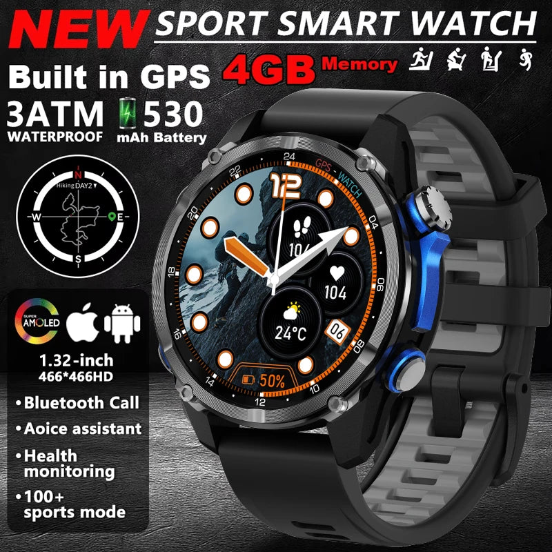 HD350 Pro Men Smart Watch AMOLDE GPS Track Offline Map 4GB Memory Recorder Flashlight Outdoor Sport Barometer Altitude Compass
