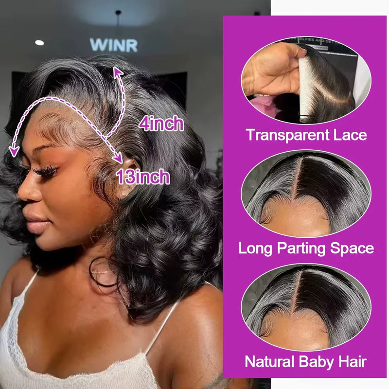 13x4 Hd Lace Frontal Wigs Glueless Human Hair Body Water Wave Lace Front Wigs Brazilian Virgin Hair Natural Black Short Bob Wigs