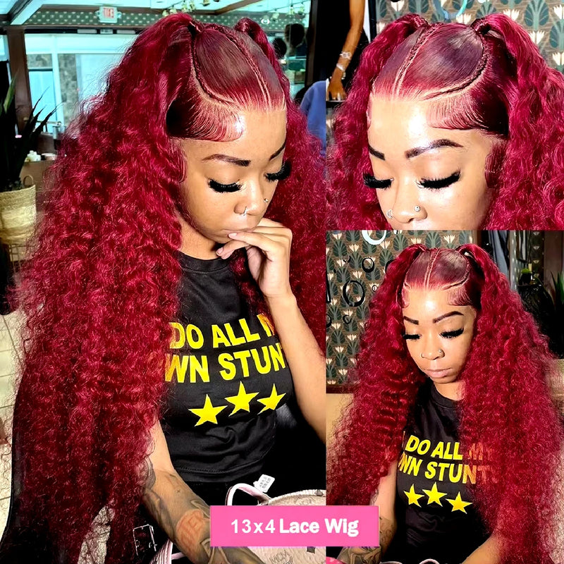 Wholesale Burgundy 30-40 Inch 99J Deep Wave 13x4 Lace Front 13x6 Red Curly Wigs Women High Density Long Length Human Hair Wig