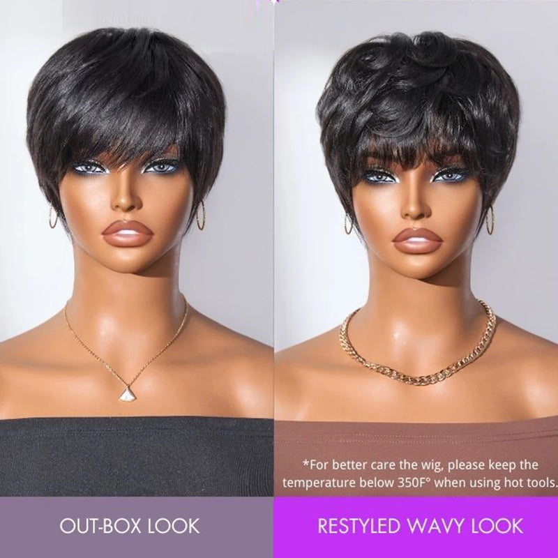 Human Hair Glueless Wigs Pixie Cut Short Wigs with Bangs Ultra Soft&Comfortable Cotton Cap Hair Trouble Friendly Wigs