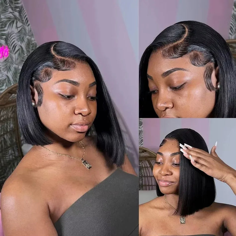 Straight Short Bob Wig Human Hair 13x4 Transparent Lace Front Wigs 230 Density Natural Black Bone Straight Short Human Hair Wigs