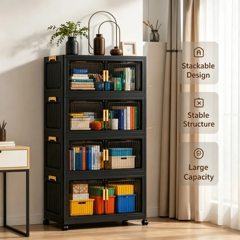 2/3/4/5-tier modular foldable stackable storage cabinets, no-assembly foldable storage boxes with vertical transparent double doors and gold handles, 360° swivel casters, perfect for office, living room, studio, classroom, g