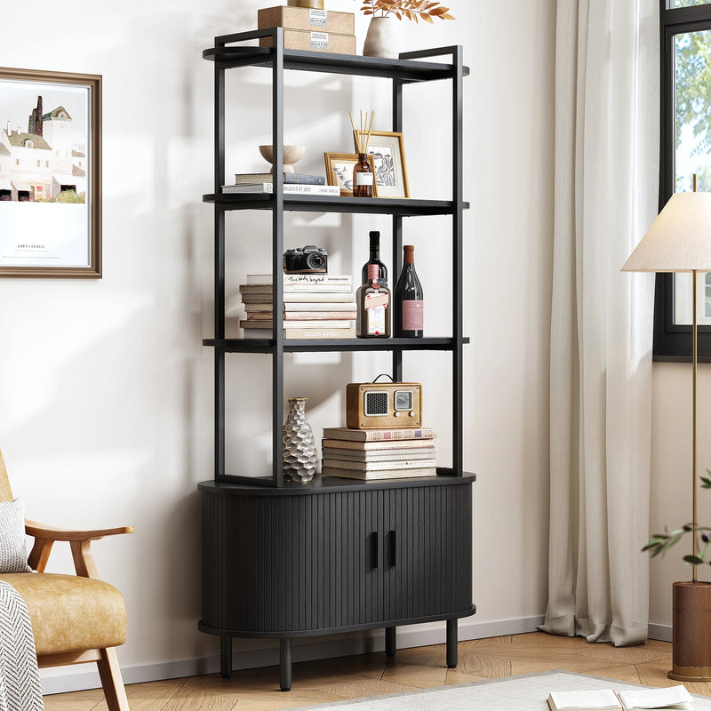 71" Tall Bookshelf,4-Tier Book Shelf with Storage Cabinet,Modern Bookcase with Sliding Door & Adjustable Footpad