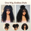 UNice Pre Cut Pre Bleached Boho Curly Wig With Bangs Natural Black 4x2 Lace T Part 100% Human Hair Glueless Drawstring Wig