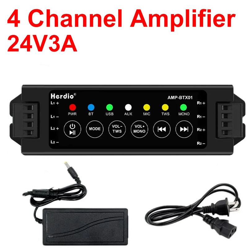 Herdio 4-Channel Bluetooth Amplifier Audio Power Amplifiers for Passive Speakers Home Theater System with TWS AUX MIC USB 24V3A