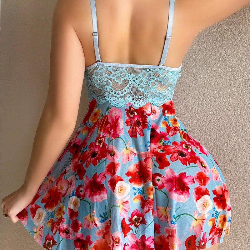 Women's Lace Underwire Floral Babydoll Nightgown Flowy Lingerie Dress and Thong Set