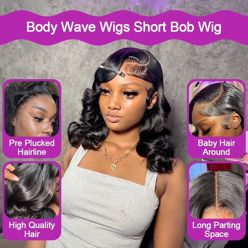 13x4 Hd Lace Frontal Wigs Glueless Human Hair Body Water Wave Lace Front Wigs Brazilian Virgin Hair Natural Black Short Bob Wigs