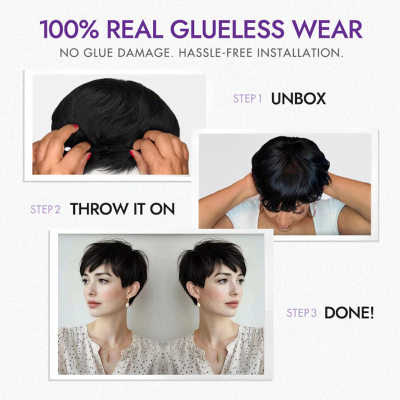 Human Hair Glueless Wigs Pixie Cut Short Wigs with Bangs Ultra Soft&Comfortable Cotton Cap Hair Trouble Friendly Wigs