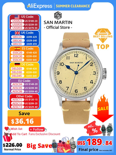 San Martin 38.5mm Men's Mechanical Watch NH35 Vintage Pilot Simple Fashion Wristwatch Baked Varnish Blue Hands 10 Bar | SAMAG