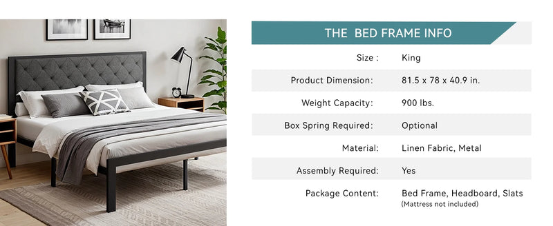 HOOMIC Metal Bed Frame with Upholstered Finely Stitched Headboard, Linen Fabric, Sturdy Foundation, No Box Spring Needed