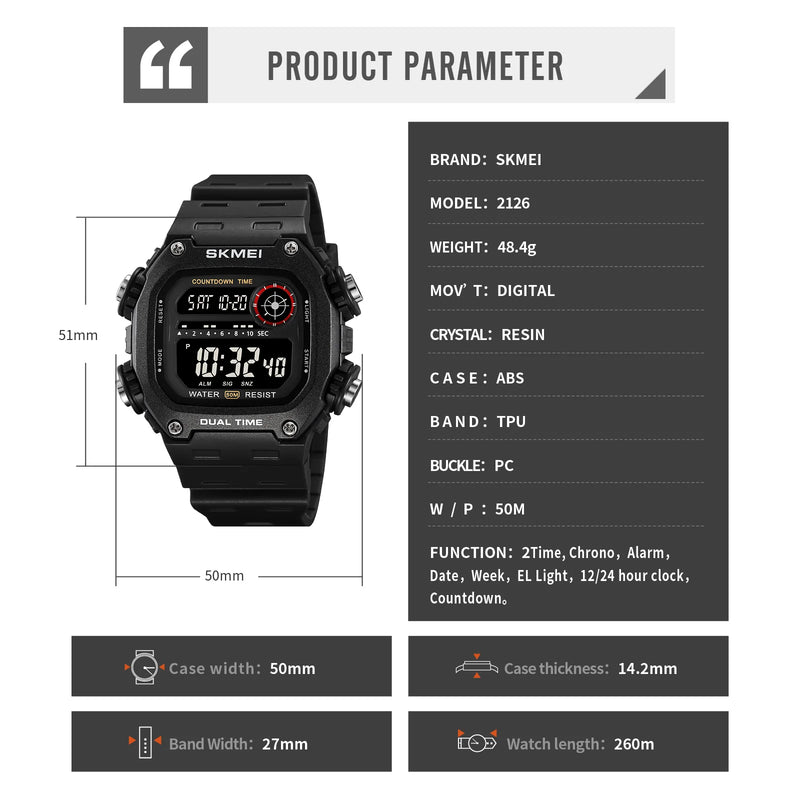 SKMEI Outdoor Digital Sports Electronic Watches For Men Fashion 5Bar Waterproof Stopwatch Wristwatches Alarm Clock Reloj Hombre