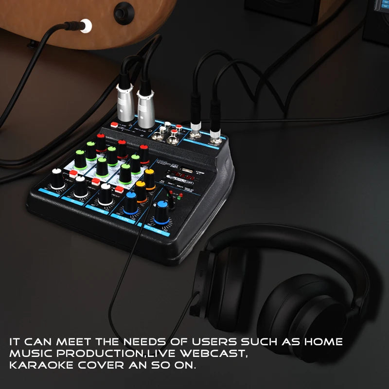 4-Channel Small Audio Mixer with Bluetooth, Usb, Mp3, 48V Phantom Power, for Mobile Phone and Computer Live Streaming, K-Song Mixer