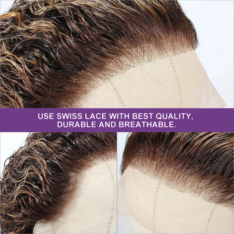 Highlight Curly Pixie Cut Wig 13x4 Lace Frontal Human Hair Wigs P4/27 Lace Frontal Short Pixie Bob Wig 100% Human Hair For Women
