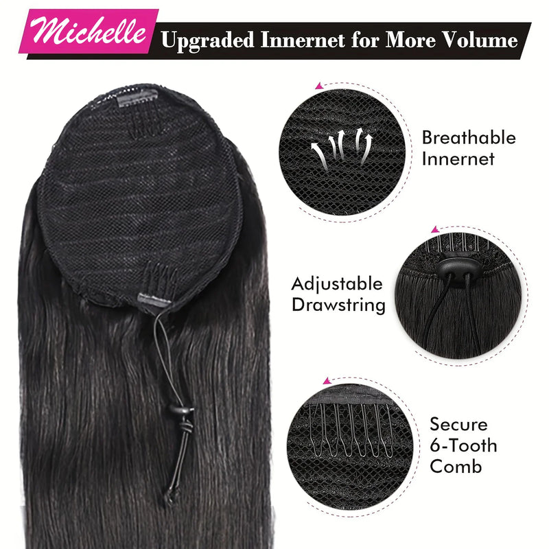 Straight Ponytail 100% Real Human Hair Drawstring Ponytail Clip In Hair Extensions Brazilian Virgin Natural Black Clips Ponytail