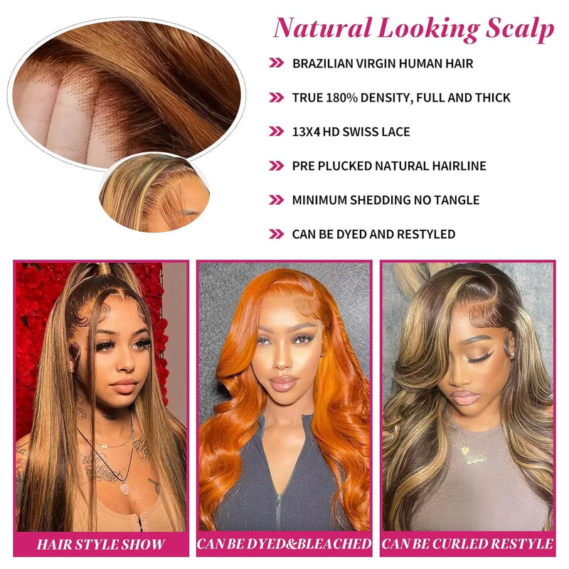 13x4 5x5 Glueless HD Lace Closure Wig 4/27 Highlight Straight Human Hair Pre Plucked Hairline 250 Density Wigs For Women