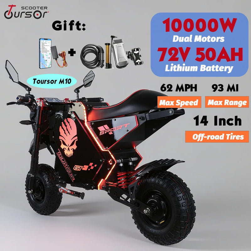 Customize 14inch Off-road Electric Motorcycle 72V 10000W 50Ah Dual Motors Long-Range Lithium Battery Speed 62MPH Range 93Mile