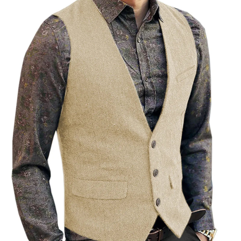 Men's V-Neck Suit Vests Fashion Formal Slim Fit Business Herringbone Dress Waistcoat for Tuxedo Wedding Party