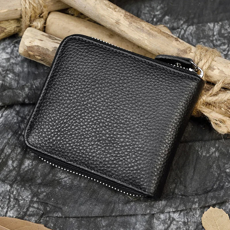 Men Crazy horse Genuine Leather Coin Wallet Real Leather Snap Short Purse Women Coin Pocket Zip Around Small Trifold Pocket