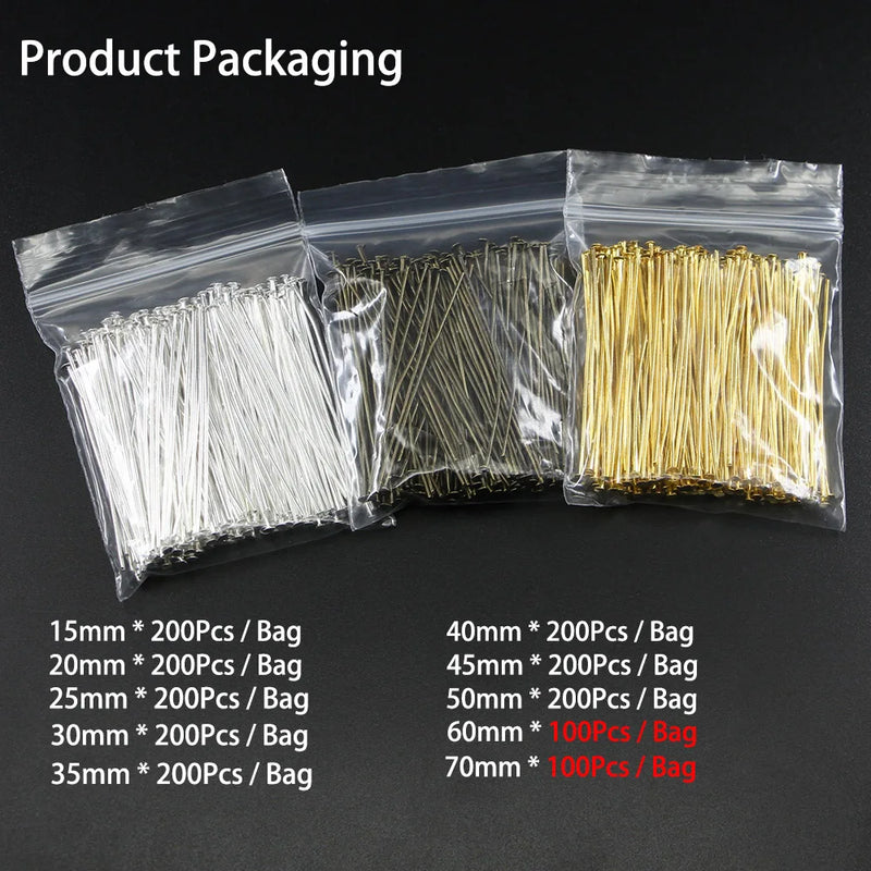 100-200pcs/bag 20 25 30 40 50 60 mm Flat Head Pins Gold/Copper/Rhodium Headpins For Jewelry Findings Making DIY Supplies
